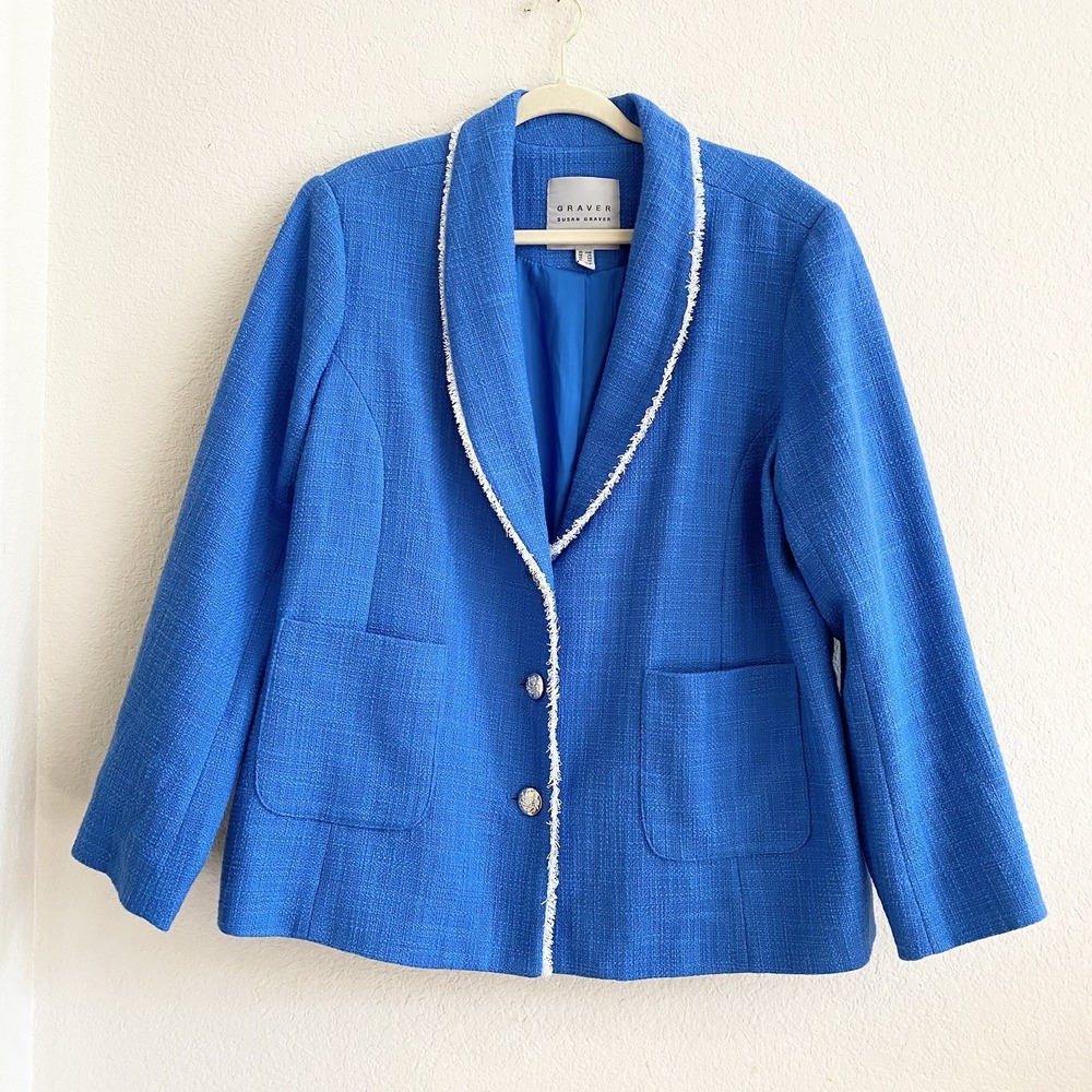 GRAVER Susan Graver Sky Blue Tweed Shawl Collar Blazer Jacket Fray Trim Sz 20W - Picture 7 of 10